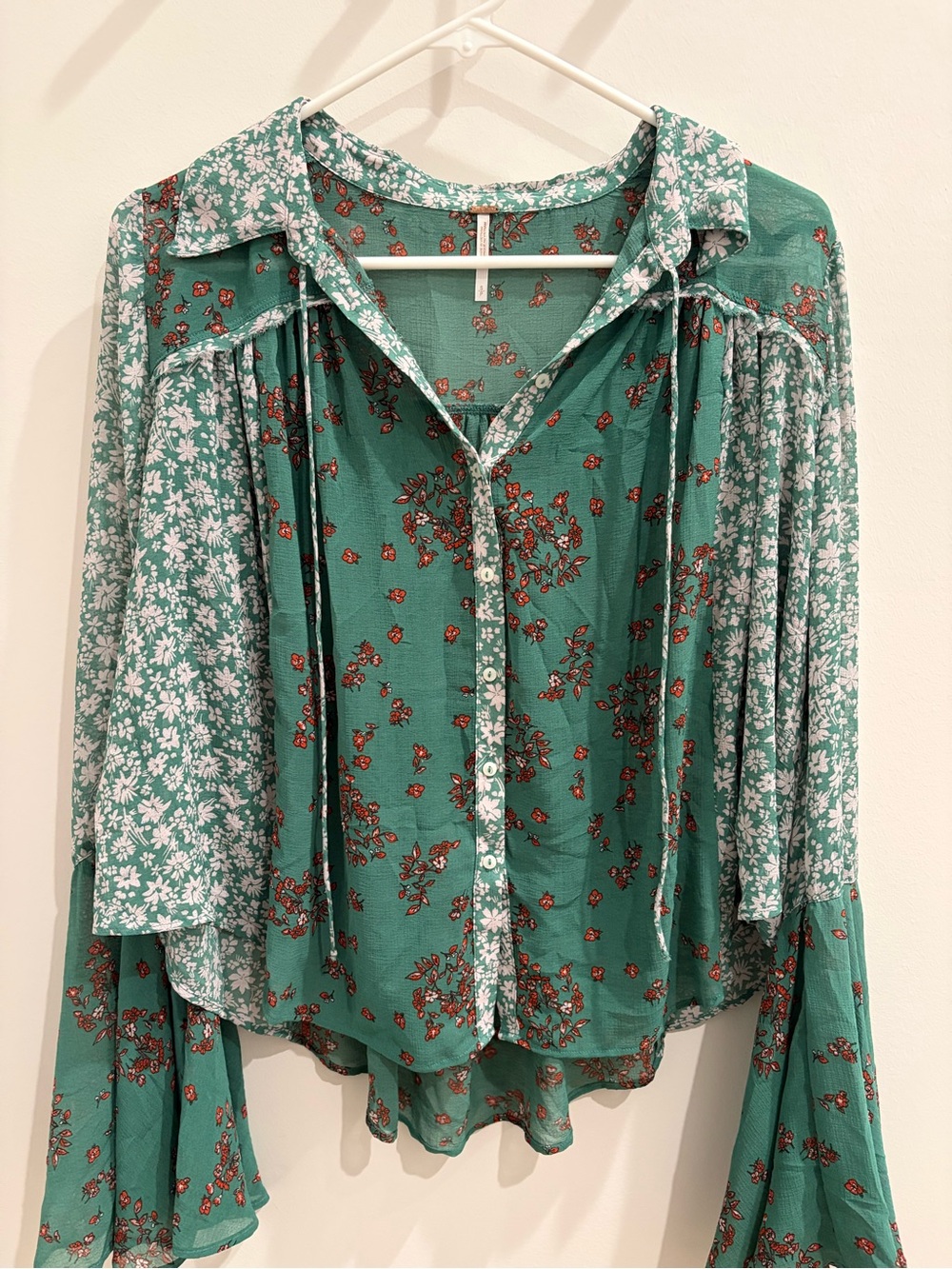 Free People Teal Green Floral Mixed-Print Button Blouse